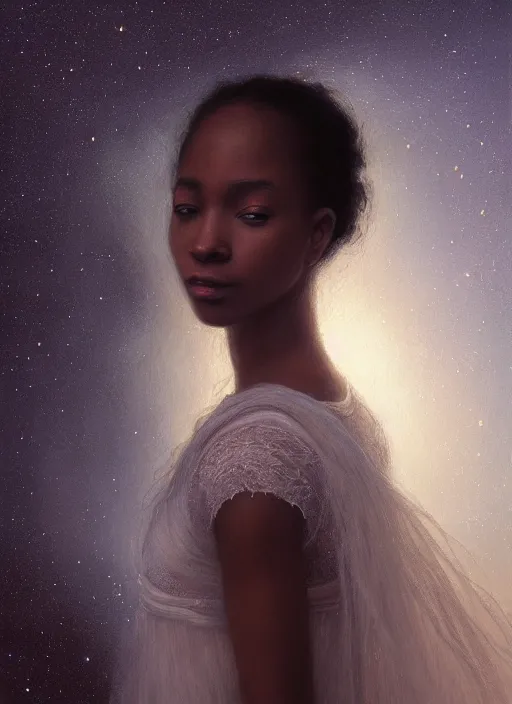 Image similar to oil painting close up portrait of a contemplative young black woman with long flowing hair in a white dress, with white roses, surrounded by colorful nebula stardust galaxies at sunset, hazy, digital art, chiaroscuro, artstation, cinematic, golden hour, concept art, digital art painting by greg rutkowski, william - adolphe bouguereau, hazy atmosphere, cinematic lighting