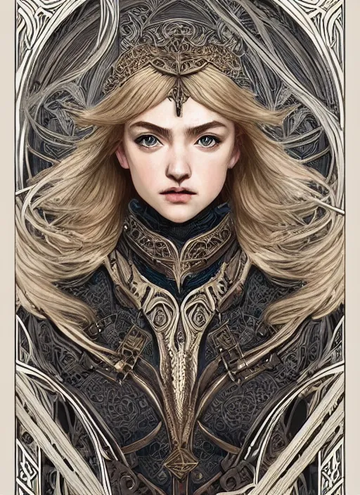 Prompt: symmetrical centered portrait, Imogen Poots as a D&D paladin, blonde hair, intricate metal armour, Art Nouveau, beautiful retro Fantasy heroine 1985, intricate, elegant, highly detailed, centered, digital painting, trending on artstation, concept art, smooth, sharp focus, illustration, art by raphael lacoste, eddie mendoza, Mucha, alex ross, WLOP