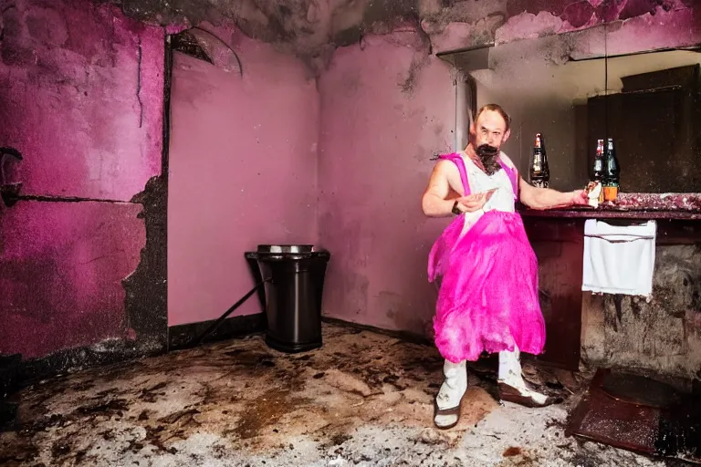 Image similar to batman wearing pink frilly apron offering free beer in dirty disgusting brown bathroom with cracked tiles and mold, atmospheric eerie lighting, dim lighting, bodycam footage, motion blur, blurry photography