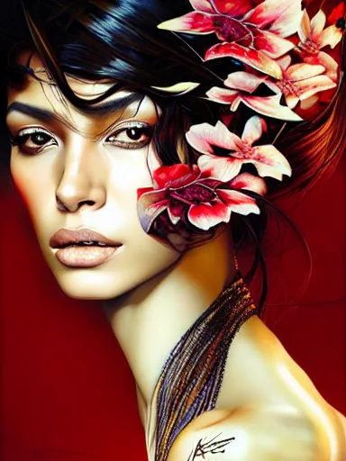 Image similar to a portrait of latina supermodel with a floral background by karol bak, artgerm, moebius, yoji shinkawa : : portrait, illustration, photorealism, hyperrealism