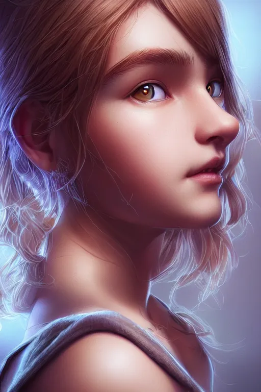 Image similar to very cute girl portrait, highly detailed eyes, intricate details, by artgerm, tooth wu, dan mumford, beeple, wlop, unreal engine 5 rendering