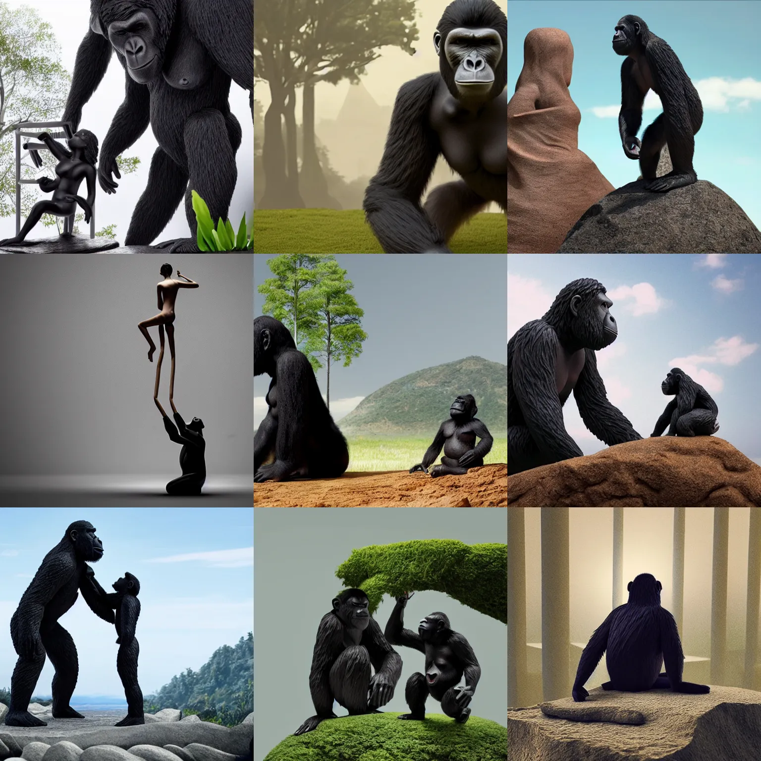 Prompt: a figurine looks up at a giant ape, a screenshot by marina abramovic, trending on cg society, neo - dada, 8 k 3 d, diorama, art