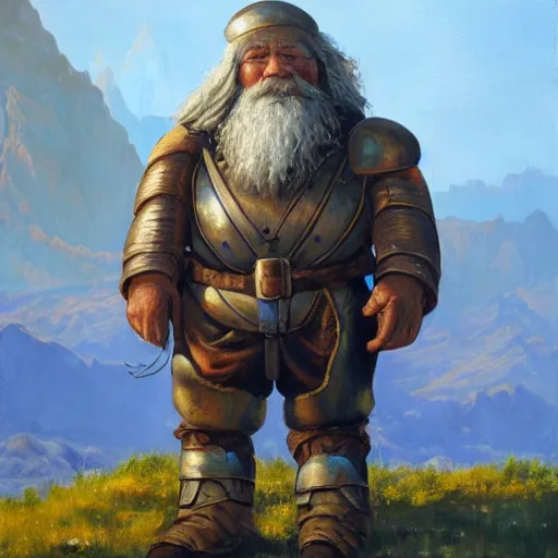 Prompt: oil painting of a medieval fantasy dwarf standing next to a robot made of chrome, badlands in the background, detailed, 4K