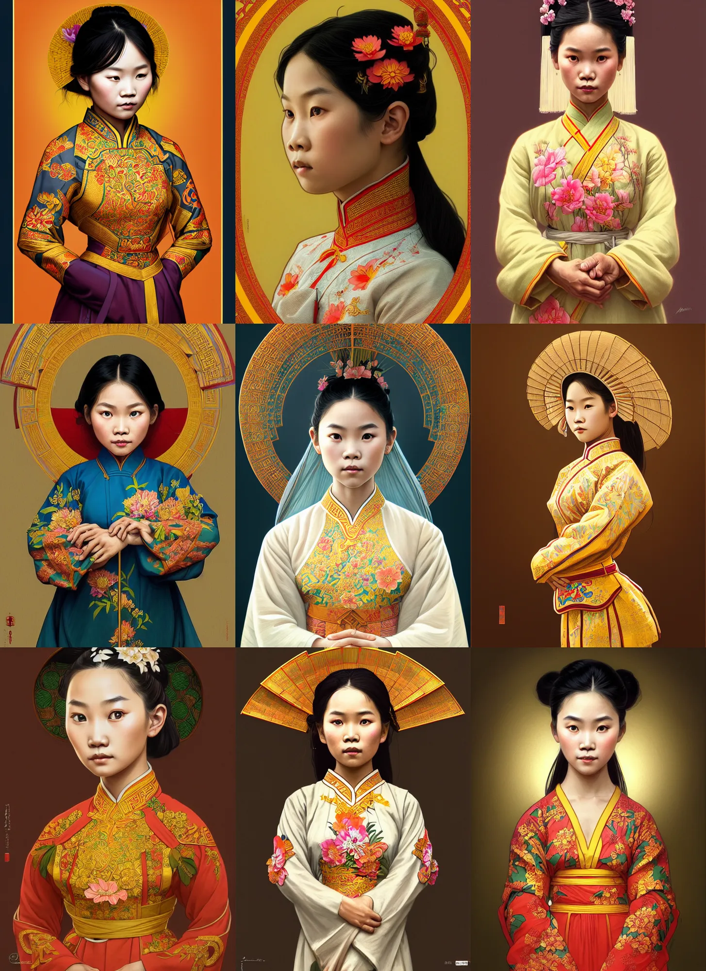 Prompt: symmetry!! portrait of 1 5 0 0 vietnamese girl in historical vietnamese clothing, historical, intricate, highly detailed, dynamic lighting, digital art, digital painting, artstation, wlop, sharp focus, illustration, art by artgerm and greg rutkowski and alphonse mucha, 8 k