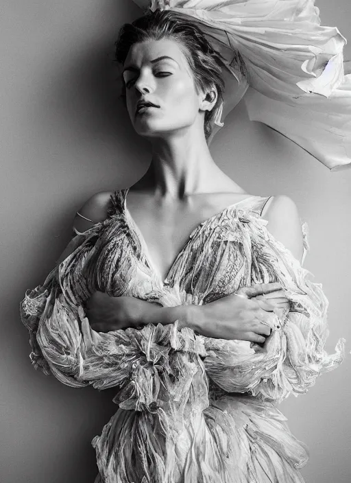 Image similar to a full body portrait of a woman by justin ridler wearing an intricate billowing dress, face in the style of irakli nadar