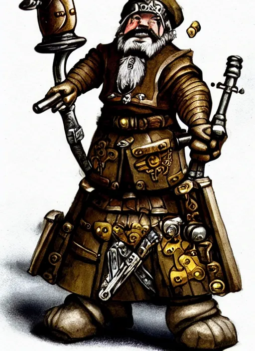 Image similar to a dwarf artificer holding a musket and a tall clockwork robot holding a sword, golem, steampunk, ming dynasty, chinese fantasy, dungeons and dragons, tabletop rpg, ghostblade, wlop.