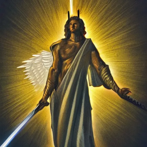 Prompt: an archangel channels a beacon of light through the tip of his sword overhead to the sky, ripples and refractions of light scatter from the tip of his sword pointing towards the sky