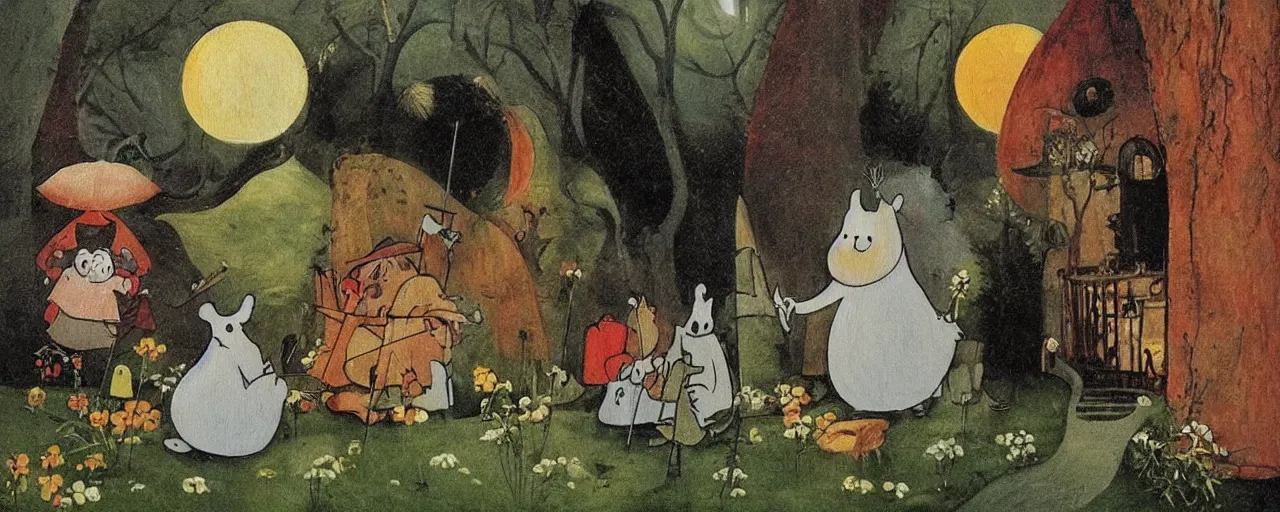 Image similar to the moomins, bosch painting