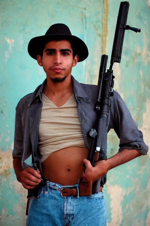 Image similar to a portrait of a handsome 2 3 years old cuban man holding a gun