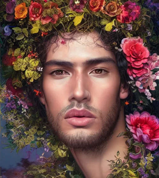 Image similar to portrait of a very handsome peruvian male model, surrounded by flowers by karol bak, james jean, tom bagshaw, rococo, trending on artstation, cinematic lighting, hyper realism, octane render, 8 k, hyper detailed.