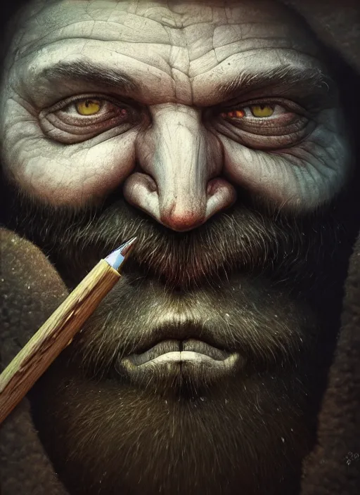 Image similar to gediminas pranckevicius | close up portrait of a monster in the sinister valley of despair, siniter facem beard, rugged face, droping poping eye,, oil painting by tomasz jedruszek, cinematic lighting, pen and ink, intricate line, hd, 4 k, million of likes, trending on artstation pus