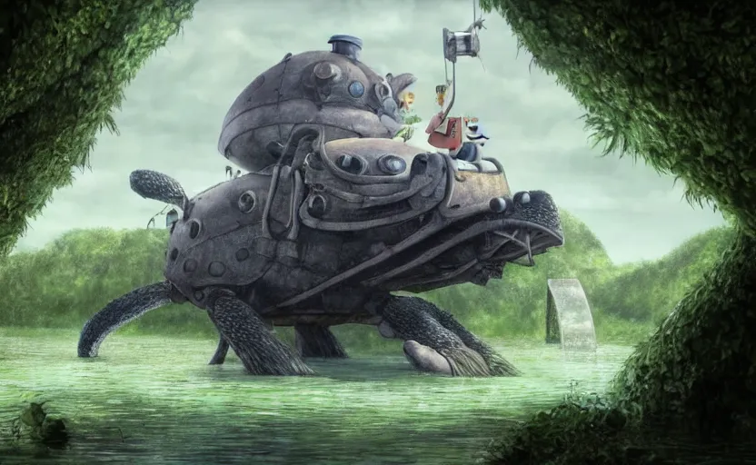 Image similar to a hyperrealist cell - shaded cartoon movie still from howl's moving castle ( 2 0 0 4 ) of a giant lovecraftian mechanized turtle in a flooded stonehenge. a rainforest is in the background with shafts of sunlight from above. very dull muted colors, hd, 4 k, hq