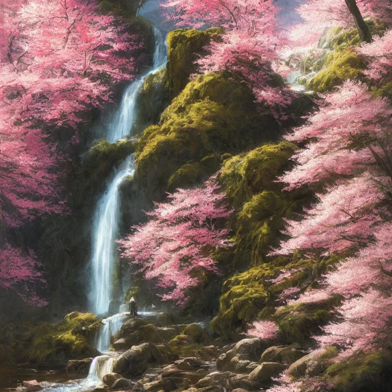 Prompt: A beautiful oil painting of a very tall waterfall on a very rocky cliff, in the middle of a huge forest of cherry blossom trees with bright pink glowing leaves, by Greg Rutkowski