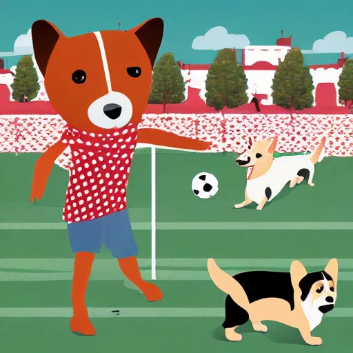 Image similar to illustration of french boy in paris playing football against a corgi, the corgi is wearing a polka dot scarf