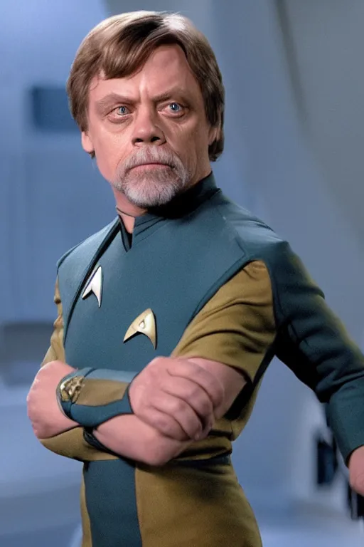 Image similar to photorealistic!! mark hamill as a star trek captain, film quality