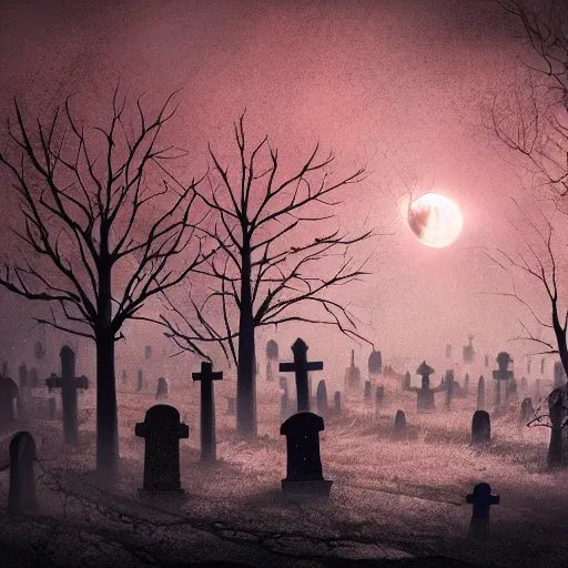 Image similar to a lonely graveyard at night, the moon shine is falling on a specific grave with a sakura tree beneath it also there's the fall of super mad and with extrem anger lucifer, its raining and the atmosphere is oppressive dark with many shadows and dark red highlights, concept art by aleksandra waliszewska, cinematic atmosphere