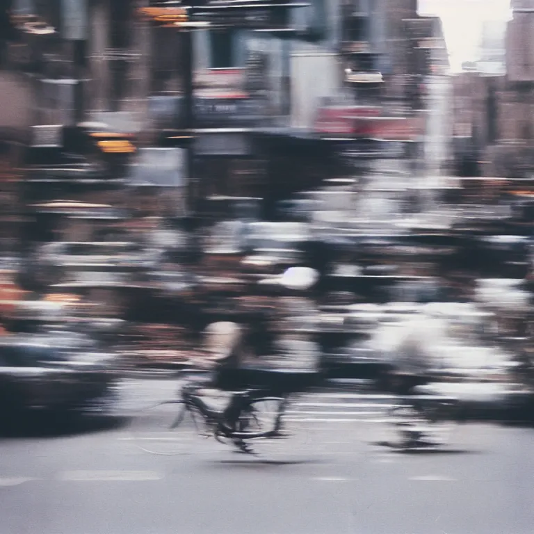 Prompt: analog medium format film motion - blur street photography in new york, 1 9 6 0 s hasselblad film street photography, featured on unsplash, photographed on vintage expired colour film
