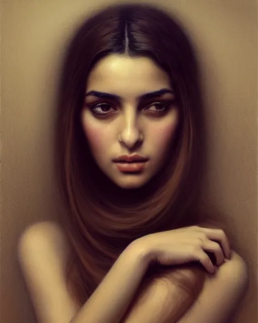 Image similar to a highly realistic, true to life portrait of a beautiful young middle eastern girl, soft focus, from the waist up, with sharp features, a beautiful face, soft smile, under studio lighting, taken with a canon eos camera with 1 3 5 mm focal length, art by karol bak, james jean, tom bagshaw, trending on artstation,