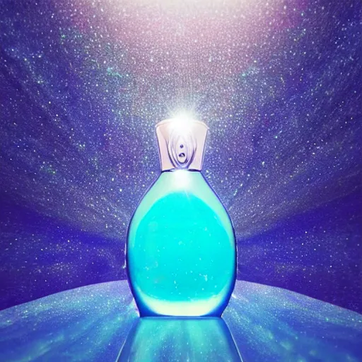 Image similar to blue perfume bottle surrounded by turquoise water droplet and galactic waves, lonely world still shining through faintly rainbow led lights, beautiful surreal scenery artwork pixiv. soul dust. unthinkable dream sublime god lighting, sun rays, cold colors. insanely detailed, artstation!! pixiv!! infinitely detailed created by god