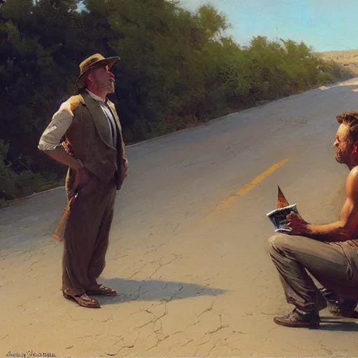 Image similar to alex jones begging for money on the side of the road, highly detailed painting by gaston bussiere craig mullins j. c. leyendecker,