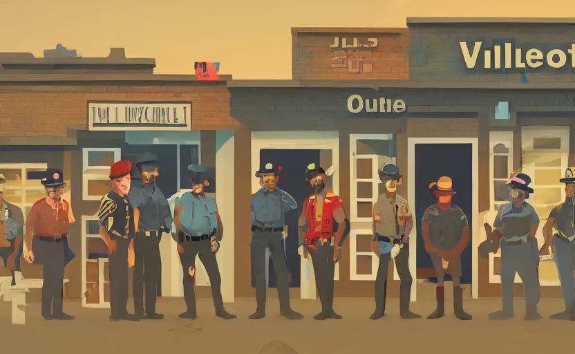 Prompt: a group of village people meet a detective to outside his office house, james gilleard, print, game art