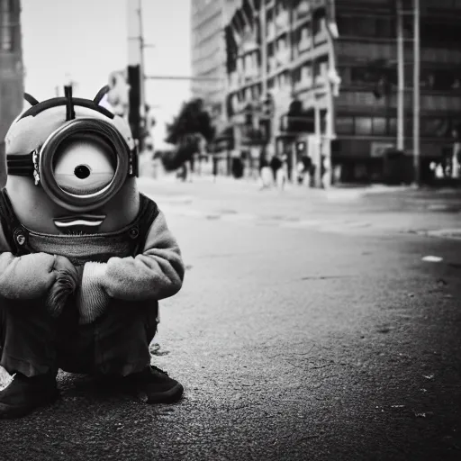 Image similar to candid photo of a real-life minion living homeless on the street, beautiful photography, detailed portrait shot, 35mm, lens, sony a7z, moody, sad, flickr, hyper realistic, real life, 4k, UHD