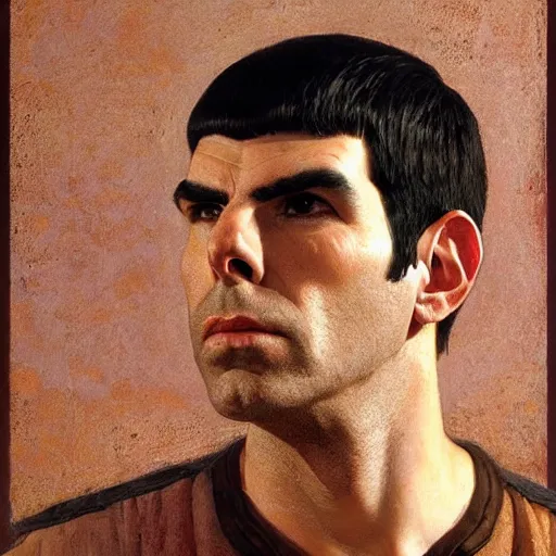 Image similar to portrait of ZACHARY QUINTO SPOCK in ancient Greece, (SFW) safe for work, photo realistic illustration by greg rutkowski, thomas kindkade, alphonse mucha, loish, norman rockwell