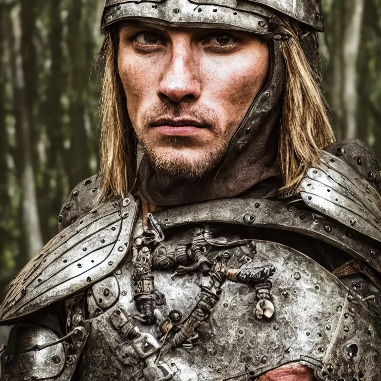 Prompt: portrait photo of an armoured male warrior, in a forest, medieval style, highly detailed, digital painting, smooth, sharp focus, 8 k. lifelike. soft light. nikon d 8 5 0