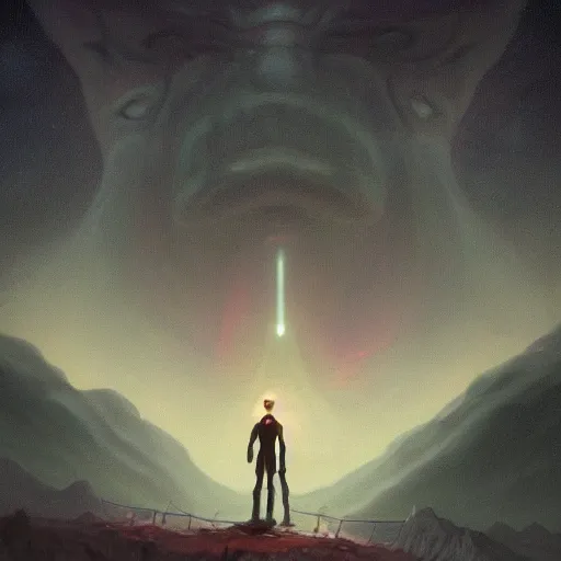 Image similar to a digital painting of a gigantic big enormous humanoid monster standing in the sky, concept art by simon stalenhag and peter mohrbacher cgsociety, vanitas, ominous, lovecraftian, speedpainting, weirdcore. hyper - realistic. photorealistic. octane render. intricate detailed masterpiece. extreme wide shot. realistic shading cinematic dynamic lighting. hdr. ray tracing