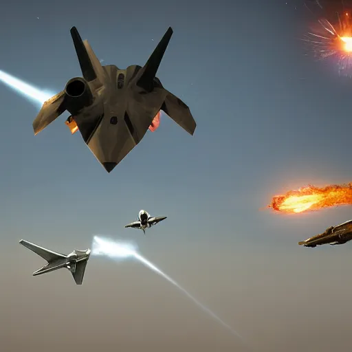 Prompt: Epic aerial dogfight between F-22 raptor and an alien spaceship, sci-fi art, 8k