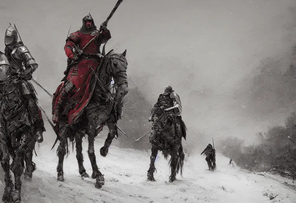 Prompt: medieval knights riding on a deep snowy dirt road towards a castle ruin, artstation, jakub rozalski, high detail