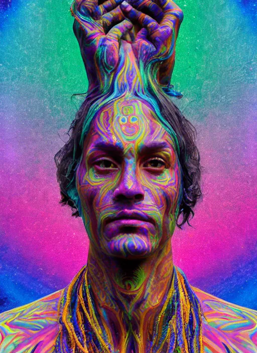 Image similar to full body statue of a psychedelic shaman by Jean-Baptiste Carpeaux and Luo Li Rong and Michael James Talbot, all body, flying in space. perfect symmetrical face, colorful, psychedelic psychedelic psychedelic colors, fresh rainbow bodypainting, synthwave, in full growth, elegant, realistic, 8K, female full-skin figure, hyperrealism, subsurface scattering, raytracing, rim light, Octane Render, Redshift, Zbrush, Zdzisław Beksiński, complex psychedelic glitch background