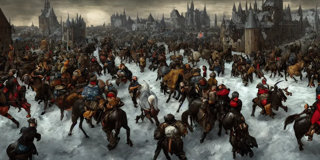 Image similar to RTS gameplay third person in style of Brueghel paintings, painting, Stronghold strategy gameplay, high detailed,dark fantasy, dark tones, medieval, snow, buildings, castle, armored units, cavalry,RPG, high detailed, contrast, octane render,mill, farm, creative