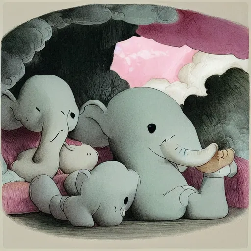 Image similar to “falling asleep with cute elephants made from clouds, illustration, detailed, smooth, pink white and green, by Adolf lachman, studio ghibli, Goya,”