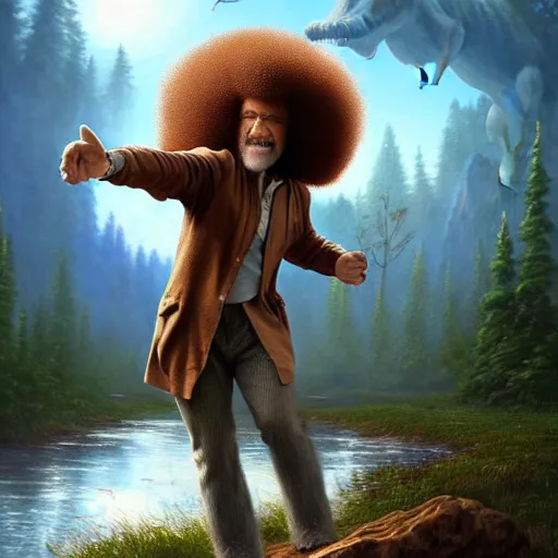 Image similar to bob ross!!! riding!!! a dinosaur!!, giant afro!, model pose, ultra realistic, concept art, intricate details, highly detailed, photorealistic, octane render, 8 k, unreal engine. art by artgerm and greg rutkowski and alphonse mucha