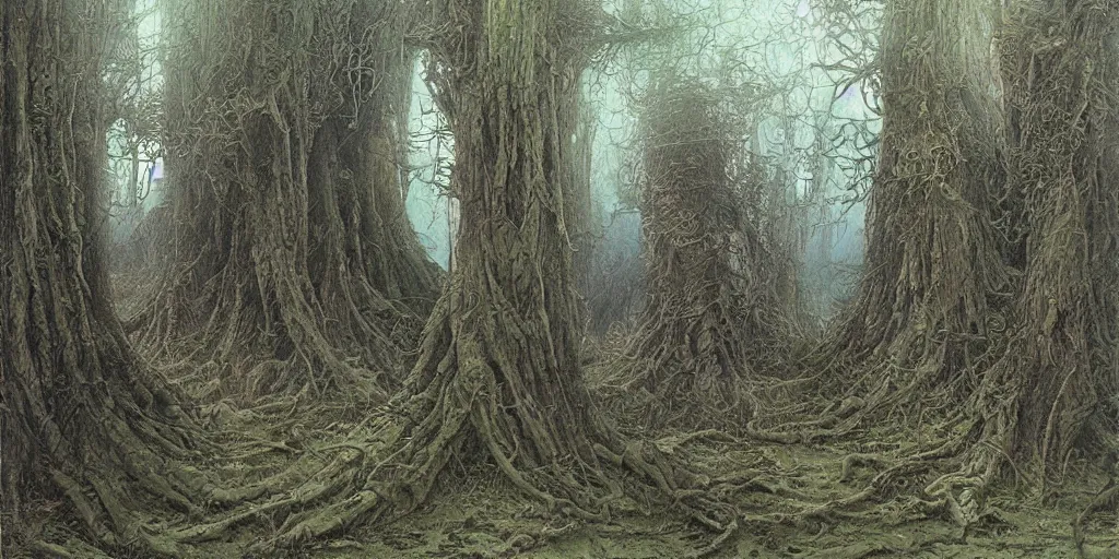 Image similar to artwork by john howe of the wretched thicket