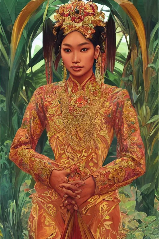 Image similar to portrait of a beautiful indonesian supermodels wearing traditional costume, highly detailed,!!! coherent hands!!!, digital painting, artstation, concept art, sharp focus, illustration, art by kittichai rueangchaichan and james gurney and alphonse mucha