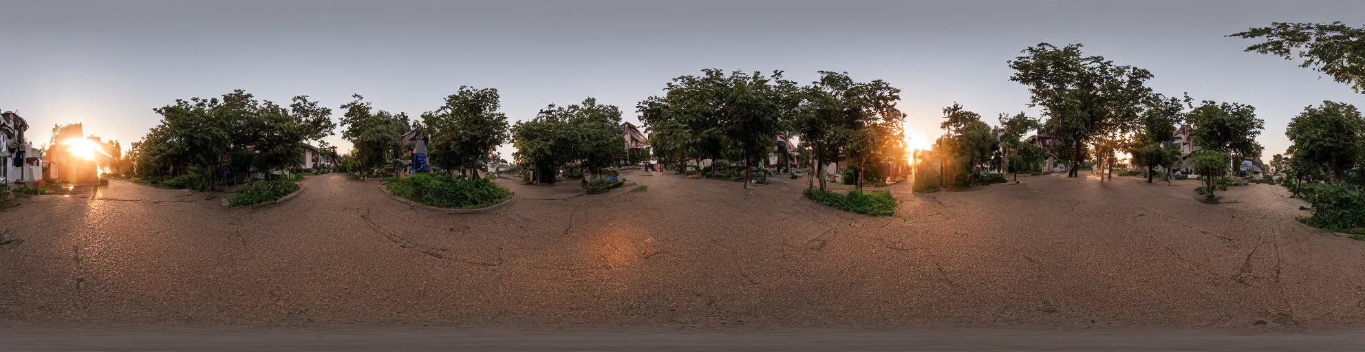 Prompt: spherical panorama photo of a anicient village street dawn 5 0 mm