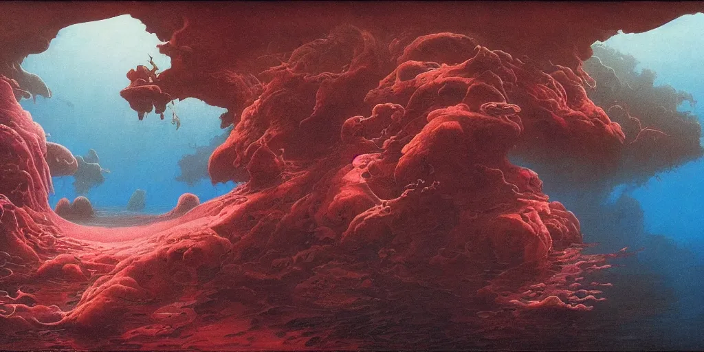 Prompt: underwater landscape, fluid, smooth, bright colours, high contrast, sharpness, beautiful, peaceful, very detailed, intricate, volumetric lighting, by moebius and beksinski and bosch and bacon and giger and corben