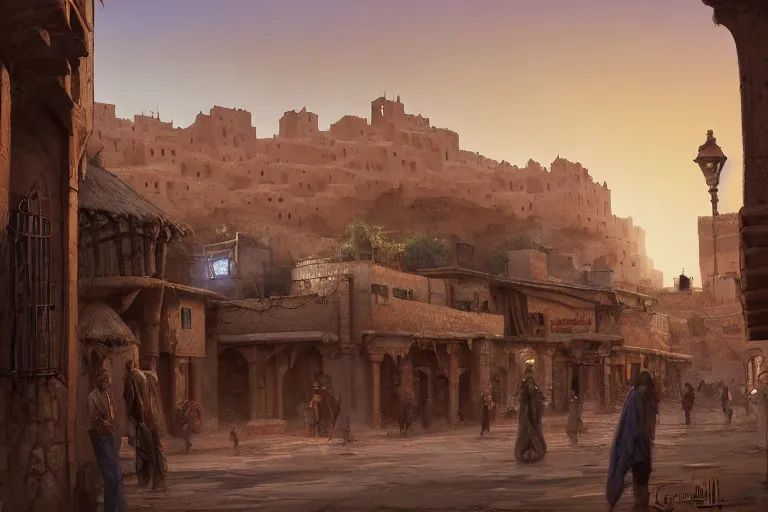 Image similar to low angle in the middle of a adobe house kasbah town, mud and brick houses, merchant street, pueblo dense architecture, colorful crowd. Huge persian temple in a plaza, round roof. Scenic view at night, underexposed, clean horizon, matte painting by craig mullins and dan mumford, dark fantasy, style of game of thrones, concept art trending on artstation, 4k, insane details