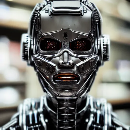 Prompt: photo of a cyborg!! in sale, in a store display, hiding a dark secret, highly detailed face, expressive face, cyberpunk, year 3022, medium full shot, depth of field, ISO 300, aperture f11, 1/100 obturation speed