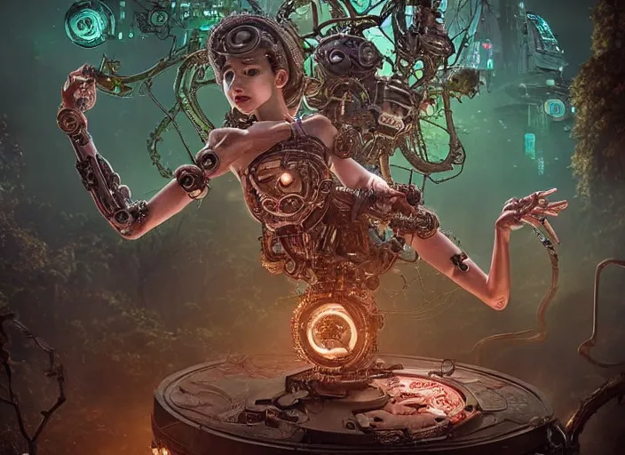 Prompt: intricate mechanical fairy with visible gears having tea with a cyborg gorgon medusa in a magical forest, having tea with a giant minotaur. Very detailed 8k. Fantasy cyberpunk horror. Sharp. Cinematic post-processing