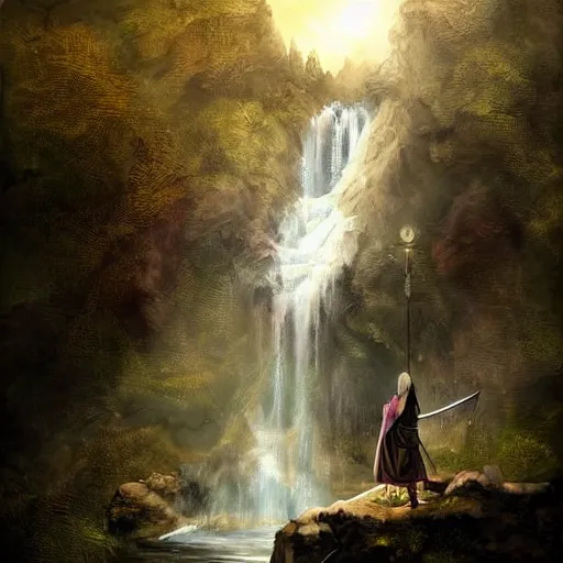 Prompt: A woman with a sword stands under a waterfall, the middle ages, knight\'s armor, digital art, beautiful