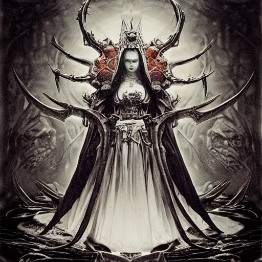 Prompt: Elden Ring and Diablo themed masterpiece daguerreotype photograph of Underworld Queen high-priestess Empress of Fyra, Deep aesthetics of High-Fantasy, intricate artwork by Yoshitaka Amno, Artgerm, Johnatan Wayshak, Zdizslaw Beksinski, Darius Zawadzki,Takato Yamamoto, cinematic high detail Cinema4D unreal engine trending on cgsociety