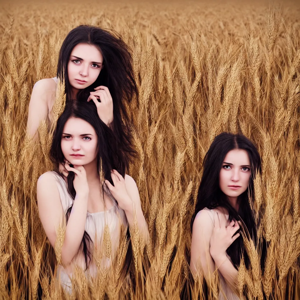 Image similar to A 25 years old Paludnitsa crying in a wheat field. Long black hair, perfect face, beautiful eyes, smooth, sharp focus, vivid colors, highly detailed, digital art, 4k, medium shot.