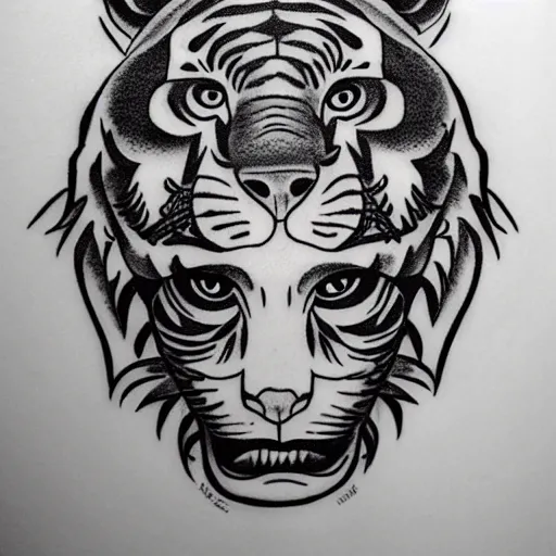 Image similar to tattoo design of a face of a beautiful girl wearing a tiger head hat, hyper detailed, in the design of eliot kohek