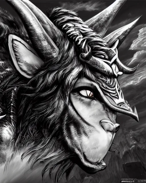 Prompt: A minotaur wolf, black and white, epic, highly detailed face, close-up, fantasy art, dragon art, in the style of masami kurumada, illustration, epic, fantasy, intricate, hyper detailed, artstation, concept art, smooth, sharp focus, ray tracing