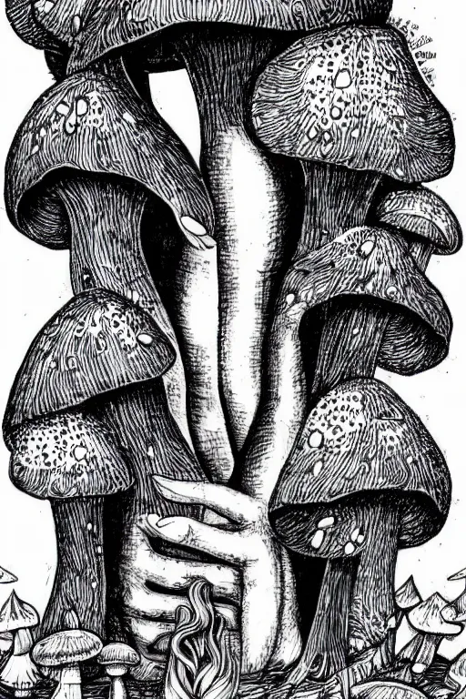 Image similar to black and white illustration, creative design, body horror, mushroom monster