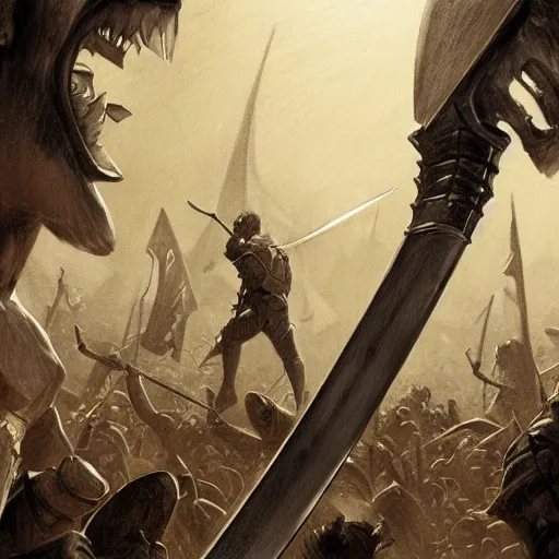 Image similar to close up of biggest sword fight ever, pencil sketch, realistic shaded, fine details, realistic shaded lighting poster by greg rutkowski