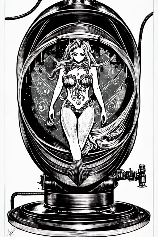 Image similar to steampunk cryo chamber containing a mermaid, high details, intricately detailed, by vincent di fate, inking, 3 color screen print, masterpiece, trending on artstation,, sharp, details, hyper - detailed, hd, 4 k, 8 k